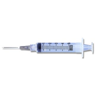 SYRINGE & NEEDLE 5ML 22GA 1INL PLASTIC LUER LOCK - BD [309630] BX.
